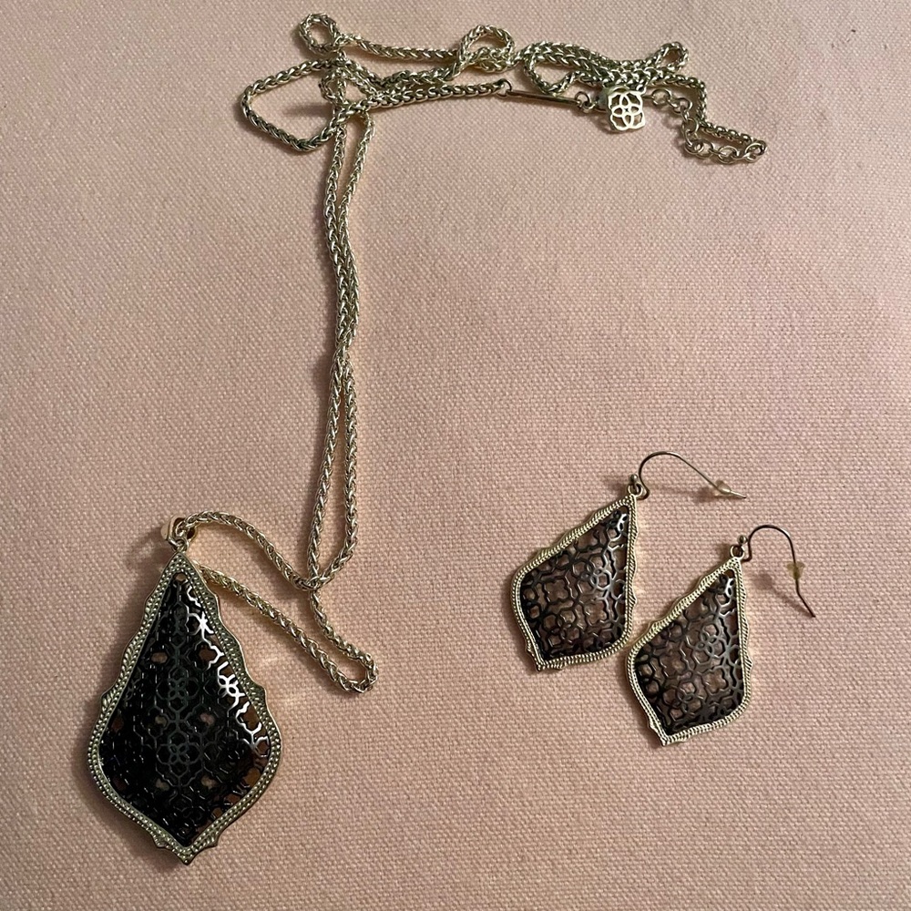 Kendra Scott Aidan filigree gold and gunmetal necklaces with Addie earrings